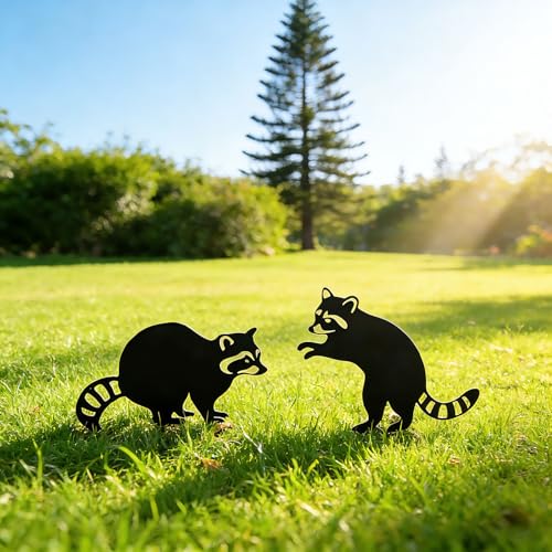 2 Pack Raccoon Metal Garden Stakes for Outdoor Decor (Two Raccoons)