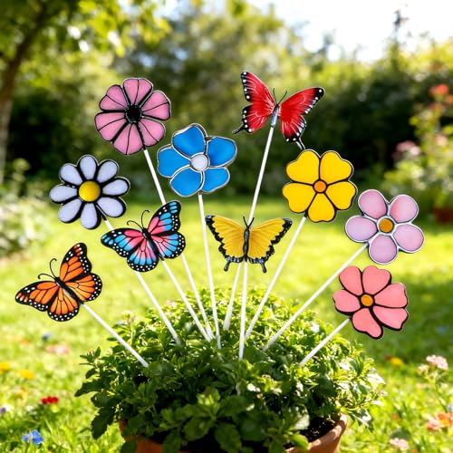 10 Pcs Metal Flower Garden Stake for Outside Outdoor 11.8" 5D Summer Flowers Butterfly Metal Sign Waterproof Decoration Landscape Ornament for Lawn Yard Garden Patio Porch Art (Butterfly, Flower)