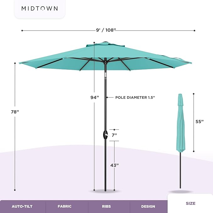 Midtown Umbrellas - 10-Year-No-Fade 9 Ft Patio Umbrella with Terylast Fabric, Auto-Tilt Aluminum Frame and 8 Reinforced Ribs for Deck, Pool, Garden & Beach - Tangerine Canopy, Black Pole