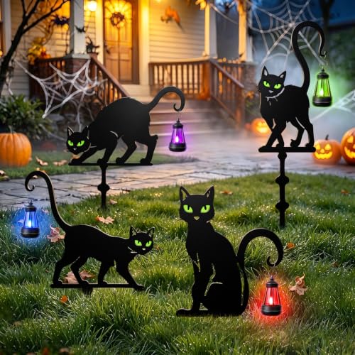 Halloween Black Cat Garden Stakes (Black Cat Solar 4-Pack)