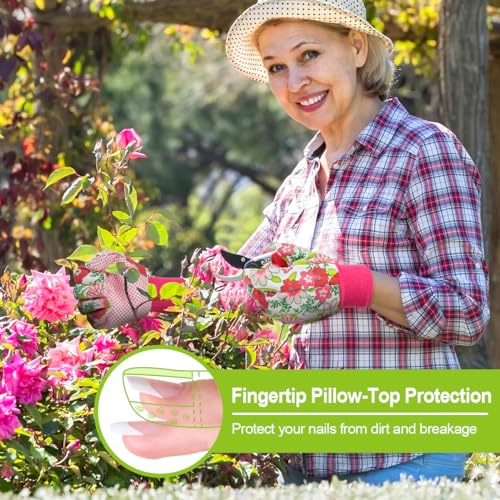 Floral Gardening Gloves for Women (2 Pairs - Purple + Rose + Red Flowers)