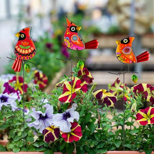 Set of 3 Cardinal Stained Glass Decorative Garden Stakes (Cardinal)