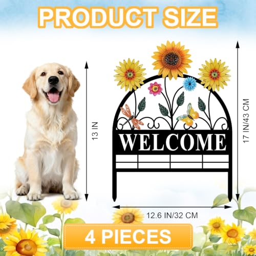 4 Pack Sunflower Garden Fence Metal Butterfly Flower Design (Sunflower)