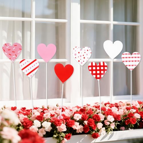 8 Pcs Valentine Yard Stakes Outdoor Metal Heart Valentines Yard Sign (Pink)