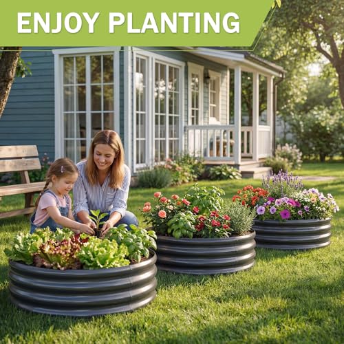 3Pack 2x2x1 ft Round Galvanized Raised Garden Bed Kit Round Metal Flower Box Large Planter Raised Beds Outdoor Garden for Planting (Gray / 2x2x1ft(3pack))