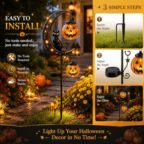 Solar Halloween Black Cat & Pumpkin Moon Garden Stake Light (Style-C)