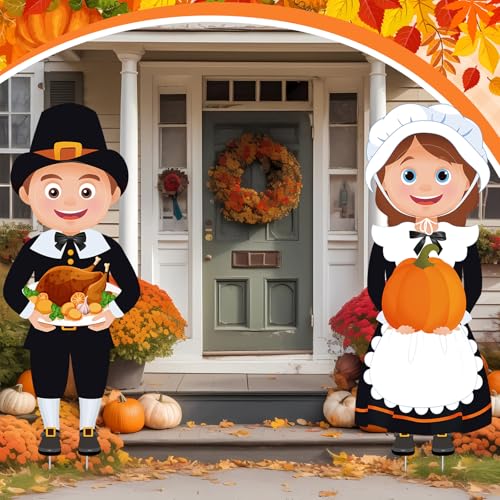 4 Pcs Large Thanksgiving Pilgrim Boy and Girl and Native American Boy and Girl Yard Sign Decor with Stakes Waterproof Outdoor Garden Pumpkin Turkey Yard Stake Autumn Lawn Decor