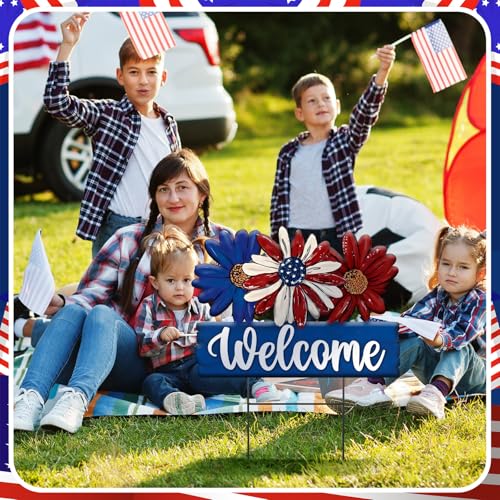 1 Pcs Patriotic 4th of July Outdoor Decor Daisy Metal Garden Stakes Memorial Day Welcome Yard Signs Decorations Garden Stakes for 250th Anniversary Patio Lawn Walkway Outside (4th of July Flower)