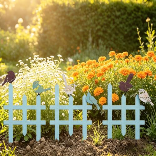 3 Pcs Small Garden Fence with 6 Piece Bird Decoration (Blue)