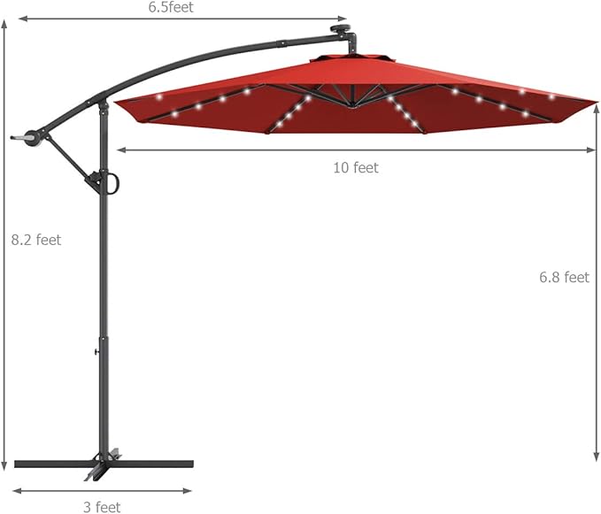 Tangkula 10 FT Solar Patio Umbrella, Offset Cantilever Outdoor Umbrella with 360 Degree Rotation, Aluminum Pole, Easy Tilt Adjustment, Crank Handle & Cross Base for Pool Deck Garden Backyard