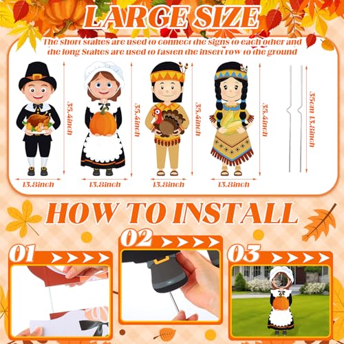 4 Pcs Large Thanksgiving Pilgrim Boy and Girl and Native American Boy and Girl Yard Sign Decor with Stakes Waterproof Outdoor Garden Pumpkin Turkey Yard Stake Autumn Lawn Decor
