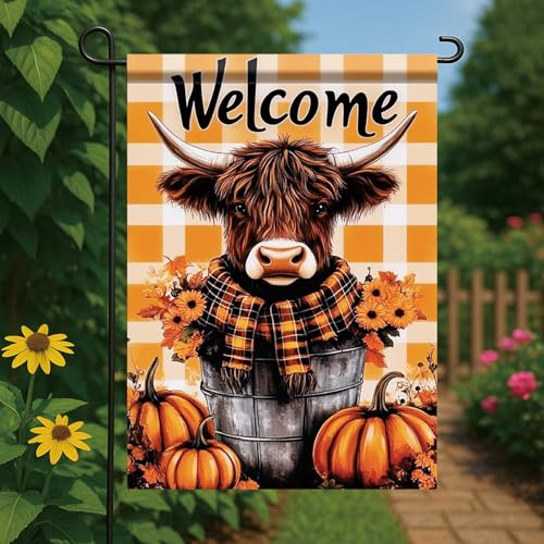 Thanksgiving Garden Flag 12x18 Inch Cow in Bucket with Pumpkins and Sunflowers and Welcome Message Outdoor Yard Porch Lawn Decoration for Fall Seasonal Holiday Decor (Cow in Bucket with Pumpkins)
