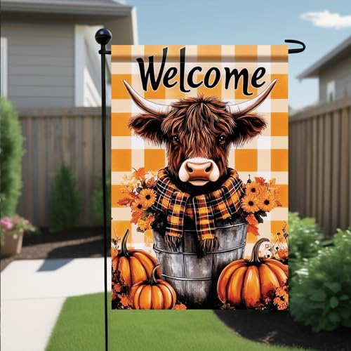 Thanksgiving Garden Flag 12x18 Inch Cow in Bucket with Pumpkins and Sunflowers and Welcome Message Outdoor Yard Porch Lawn Decoration for Fall Seasonal Holiday Decor (Cow in Bucket with Pumpkins)