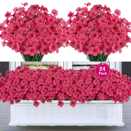 24PCS UV Resistant Artificial Flowers for Outdoors (Rosy Red / 24PCS)