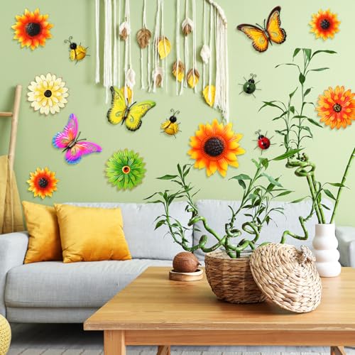 14 Pcs Metal Flower Decor 3D Sunflower Daisy Multicolored Garden Art Outdoor Decorations Butterfly Bee Ladybug Wall Art for Yard Fence Home
