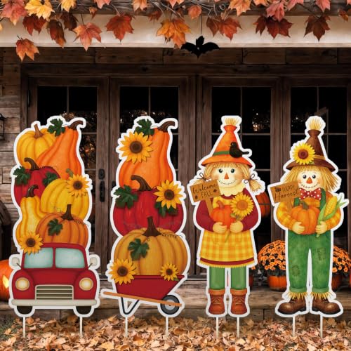 4 Pcs Fall Outdoor Decorations Metal Pumpkin Scarecrow Yard Sign with LED (Scarecrow)