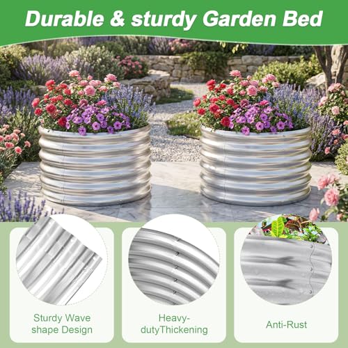 2 Pack 2x2x1.5ft Round Galvanized Raised Garden Bed Outdoor Metal Planter Box for Vegetables Steel Raised Beds for Gardening Silver (Silver / 2x2x1.5ft (2PCS))