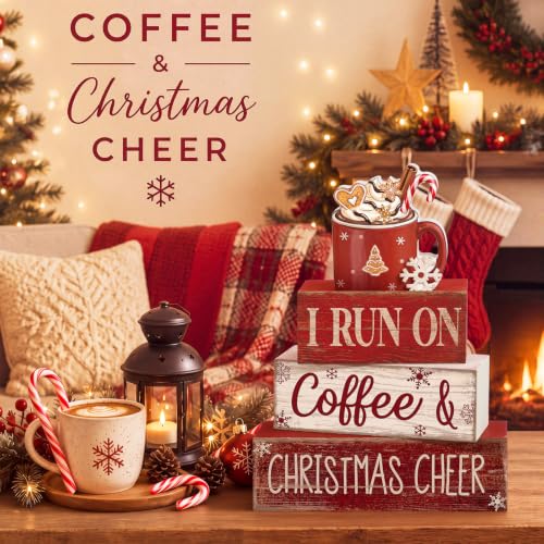 4 Pcs Christmas Coffee Table Decor Hot Chocolate Cocoa Wooden Stacked Sign Rustic Christmas Tiered Tray Decor Cocoa Centerpiece Block Signs Gift Xmas Decoration for Home Coffee Bar Kitchen (I Run on Coffee & Christmas Cheer)