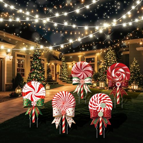 Outdoor Christmas Decorations Jumbo 24 Inch Lollipop Yard Signs 5ct with 20 Stakes 10 Fiberglass and 10 Metal Waterproof Holiday Christmas Decorations for and Garden Waterproof (Red)