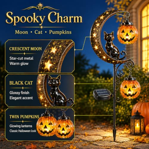Solar Halloween Black Cat & Pumpkin Moon Garden Stake Light (Style-C)