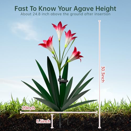 Solar Metal Agave Lily Flower Garden Sculpture with LED Lights 30.3 Inch Waterproof Outdoor (GRASS GREEN)