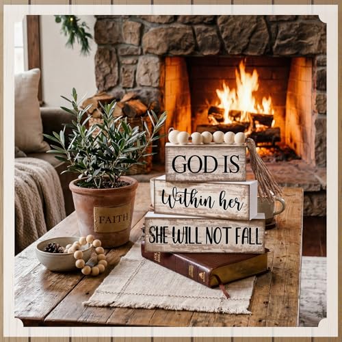 4 Pcs Wooden Blocks God Is Within Her Farmhouse Decor (God is Within Her She Will Not Fall)
