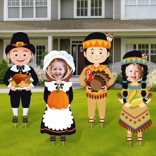 4 Pcs Large Thanksgiving Pilgrim Boy and Girl and Native American Boy and Girl Yard Sign Decor with Stakes Waterproof Outdoor Garden Pumpkin Turkey Yard Stake Autumn Lawn Decor