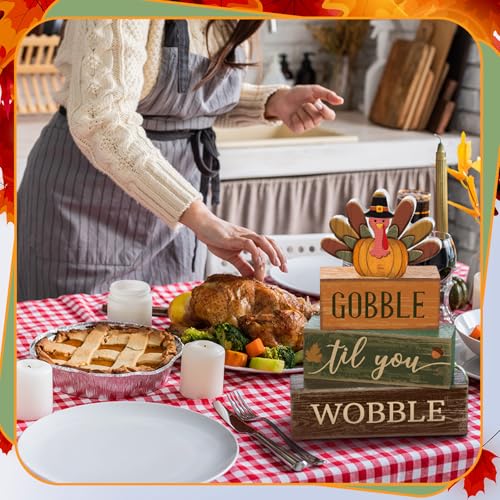 4 Pcs Fall Table Decor Thanksgiving Turkey Wooden Block Signs (Turkey)