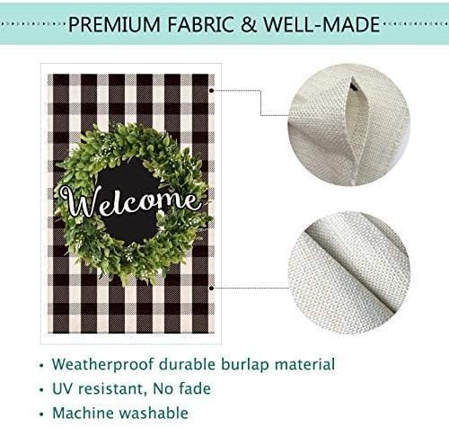 Baccessor Boxwood Wreath Welcome House Flag Vertical Double Sided, Buffalo Check Plaid Rustic Farmhouse Burlap Garden Yard House Flag Outdoor Decoration 28 x 40 Inch