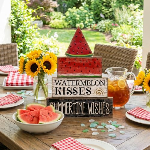 4 Pcs Summer Table Decor Wooden Watermelon Tiered Tray Decor (Watermelon)