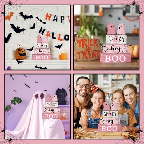 4 Pcs Pink Halloween Tiered Tray Decor (Pink Ghost)
