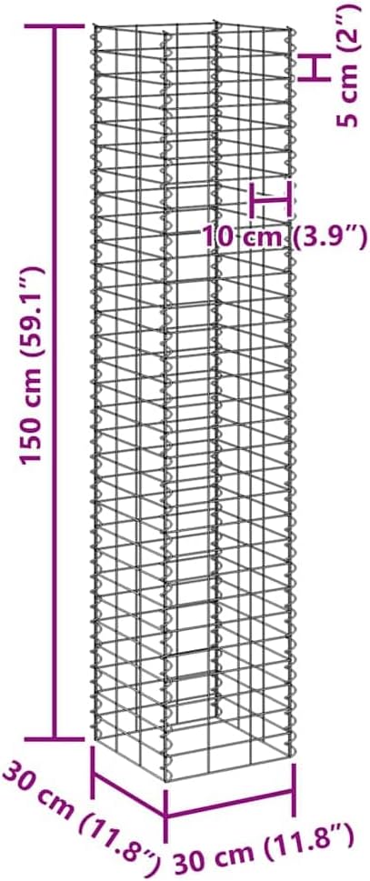 Gabion Raised Bed Silver Iron, 11.8x11.8x78.7 Inch Outdoor Metal Planter for Flowers & Vegetables, Powder-Coated