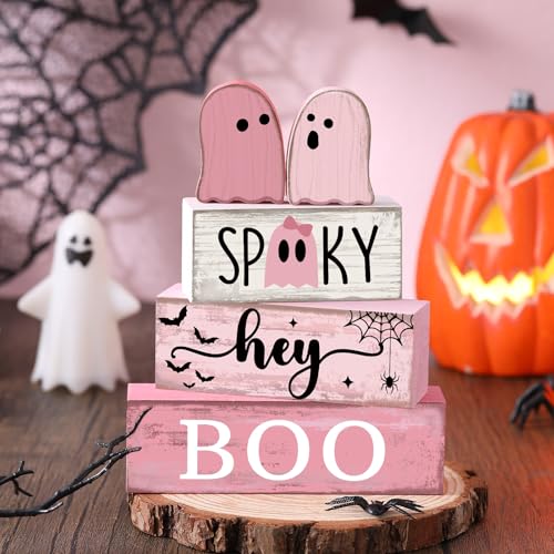 4 Pcs Pink Halloween Tiered Tray Decor (Pink Ghost)
