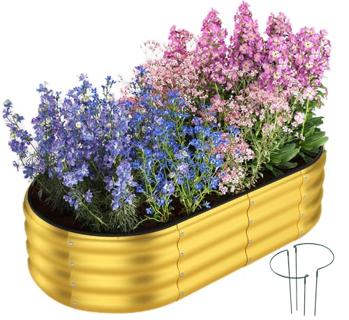 Galvanized Metal Planter Round Raised Garden Bed Kit for Gardening Outdoor Garden Box Raised Flower Bed 1PC Gold 4X2X1FT (Gold / 4x2x1FT（1pcs）)