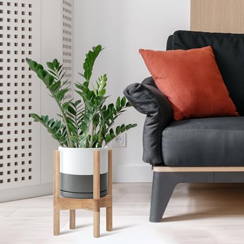 Ceramic Pot with Natural Wood Stand (8 Inch / White/Grey Pot + Natural Stand)