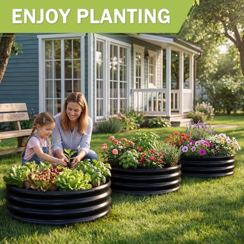3 Pack 2x2x1 ft Round Galvanized Raised Garden Bed Kit Round Metal Flower Box Large Planter Raised Beds Outdoor Garden for Planting (Black / 2x2x1ft(3pack))