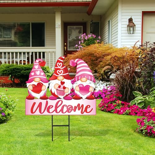Valentine's Day Metal Garden Stakes Red Pink Heart Gnome Yard Stake Decorative Welcome Lawn Sign for Wedding Anniversary Home Outside Lawn Porch Decor (Valentine's Day)