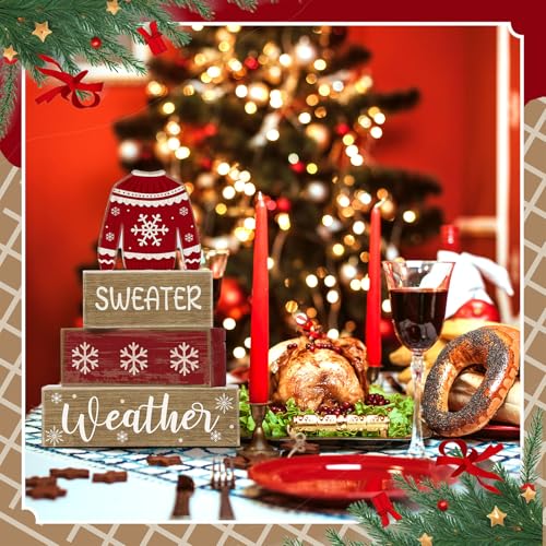 4 Pcs Christmas Table Decoration Wooden Block Signs Sweater (Christmas Sweate)