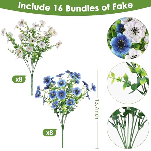 16PCS UV Resistant Artificial Flowers for Outdoors (White+blue / 16PCS)