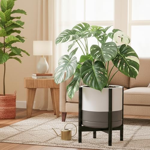 Ceramic Pot with Ebony Wood Stand (14 Inch / White/Grey Pot + Ebony Stand)