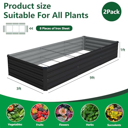 2PCS 9x3x1ft Galvanized Raised Garden Beds Kit (Black / 9x3x1FT(2PCS))