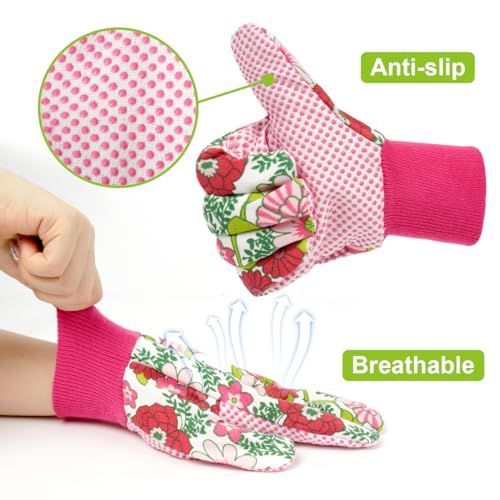 Floral Gardening Gloves for Women (2 Pairs - Purple + Rose + Red Flowers)