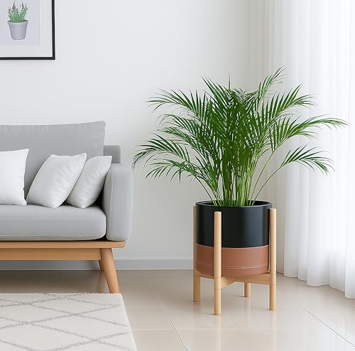 Ceramic Pot with Natural Wood Stand (12 Inch / Black/Speckled Tan Pot + Natural Stand)