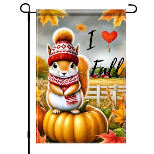 I Love Fall Garden Flag Squirrel Pumpkin Decor 12x18 Inch (Squirrel)