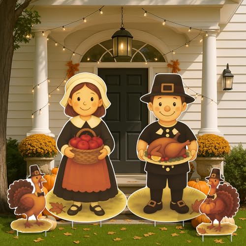 4 Pcs Fall Thanksgiving Yard Sign Pilgrim Boy and Girl Turkey Lawn Stakes