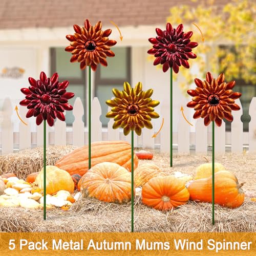 5 Pack Metal Autumn Mums Wind Spinner Garden Stake (Orange-mums)