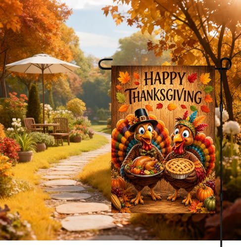 Thanksgiving Turkey Garden Flag Pie Harvest Decor 12x18 Inch (Festive Feast Pair)