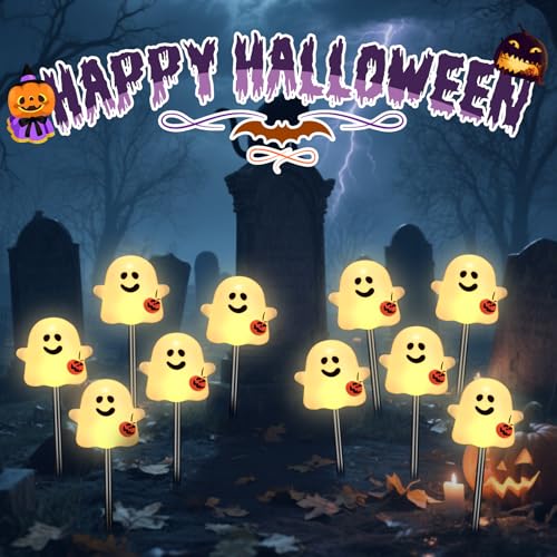 Solar Halloween Ghost Pathway Lights (Warm White Pumpkin Ghost / 10-Pack)