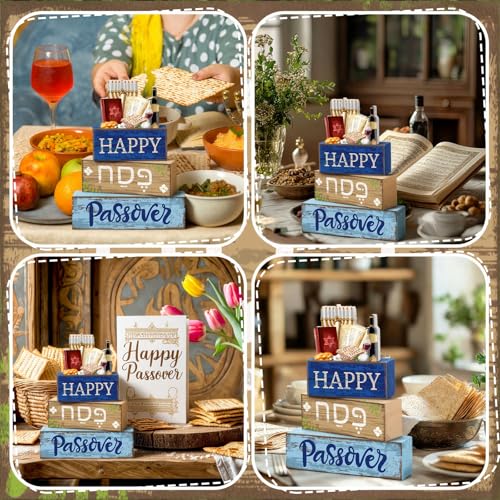 4 Pcs Wooden Passover Block Signs Farmhouse Tiered Tray Decor (Passover)