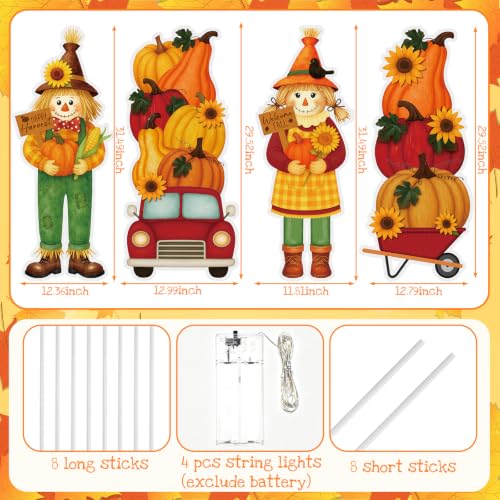 4 Pcs Fall Outdoor Decorations Metal Pumpkin Scarecrow Yard Sign with LED (Scarecrow)